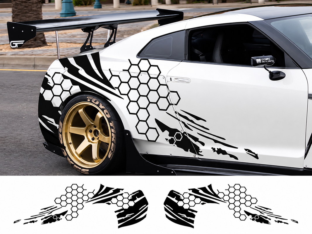 White wide-body sports car with black honeycomb and slash mark vinyl graphics on rear quarter panel