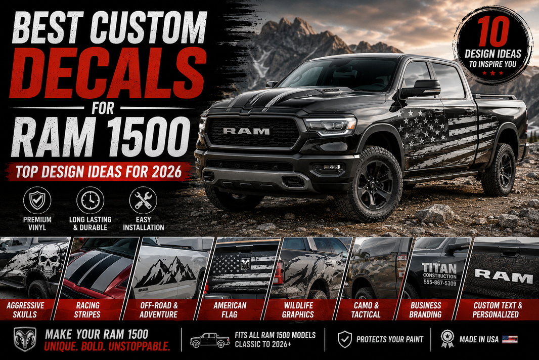 Best Custom Decals for Ram 1500 – Top 10 Design Ideas for 2026 including racing stripes, American flag, skull graphics, and camo wraps