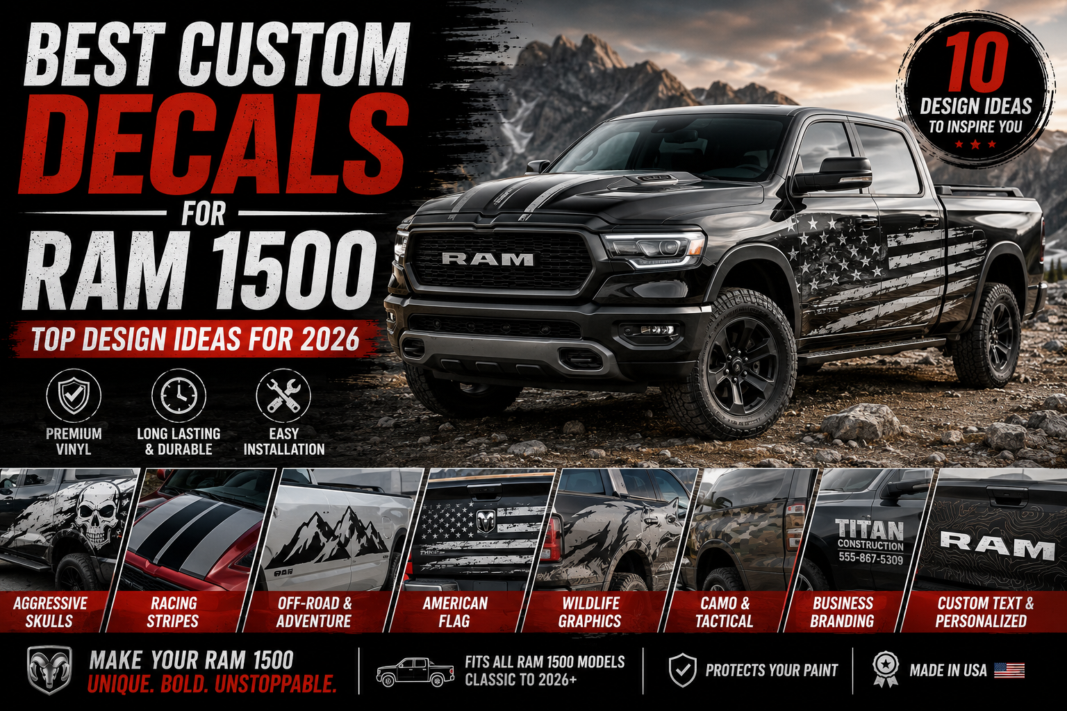 Best Custom Decals for Ram 1500 – Top 10 Design Ideas for 2026 including racing stripes, American flag, skull graphics, and camo wraps