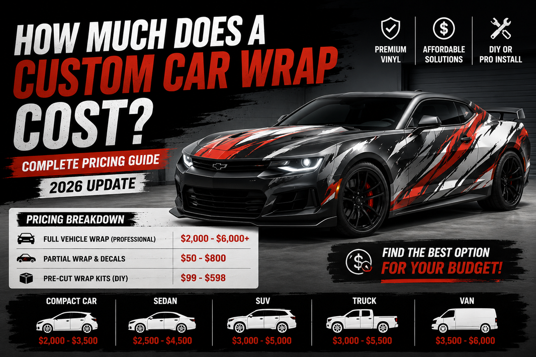 How Much Does a Custom Car Wrap Cost? 2026 Complete Pricing Guide — comparing professional wraps, partial wraps, and DIY decal kits for cars, trucks, and SUVs