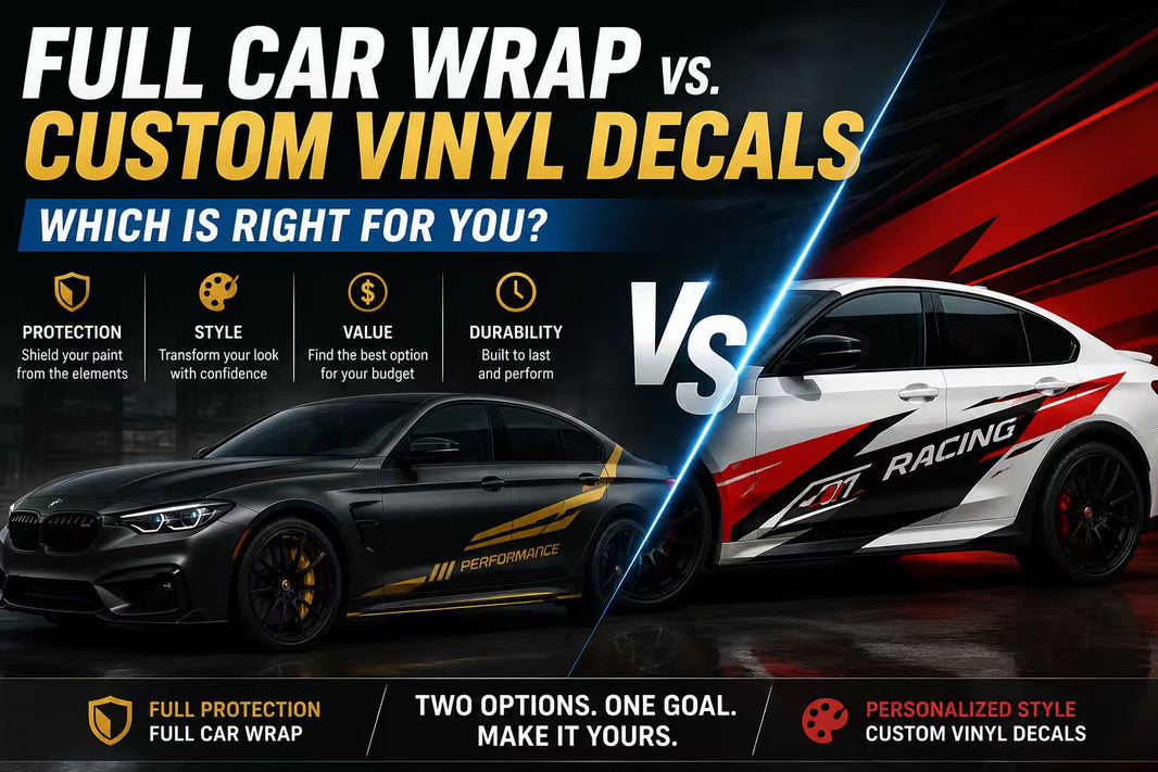 Full Car Wrap vs Custom Vinyl Decals comparison – two options one goal, showing side-by-side vehicle graphics comparison