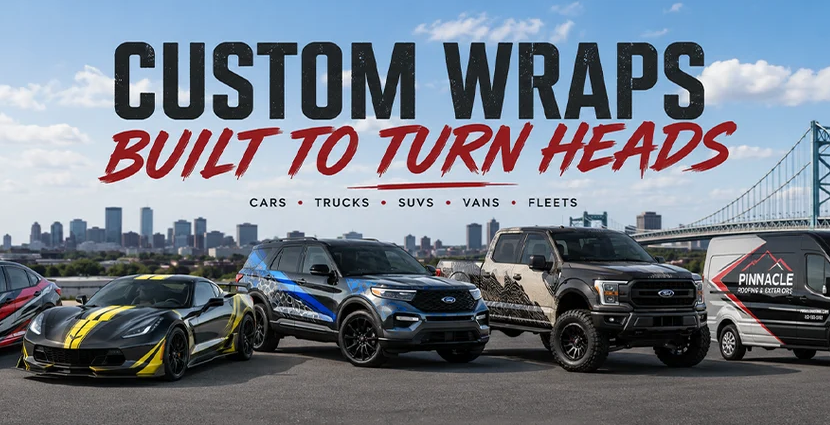 Custom wrapped cars, trucks, SUVs, and commercial vans lined up showcasing WEEM Custom vehicle wrap designs