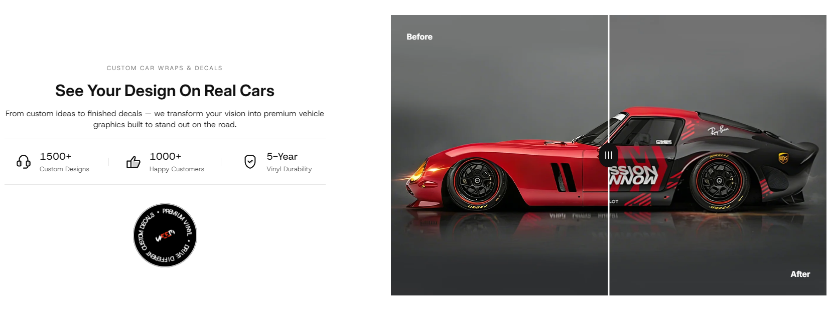 Before and after comparison of a custom car wrap on a red sports car, showing the transformation from stock to full custom vinyl wrap