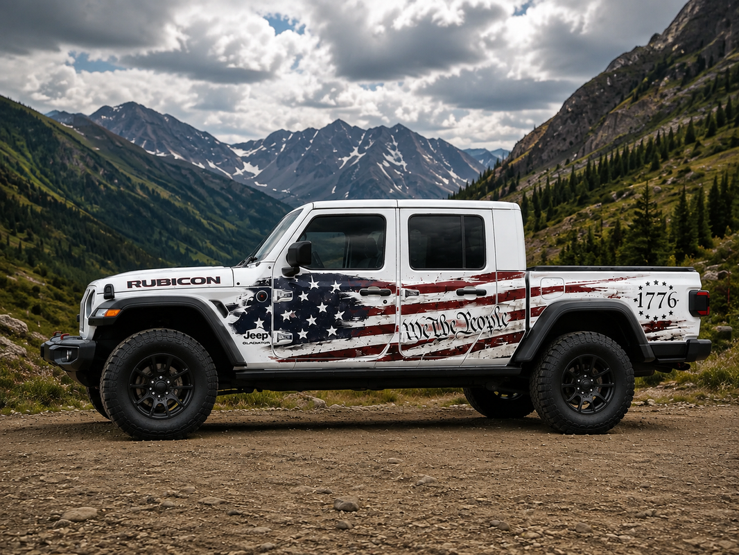 Jeep Gladiator Rubicon with We the People 1776 American Flag full-body vinyl wrap on mountain road