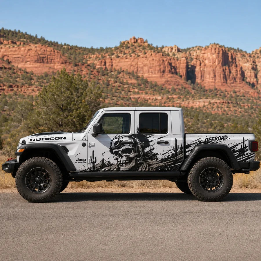 Jeep Gladiator Rubicon with Skull Rider Offroad decal wrap in desert setting