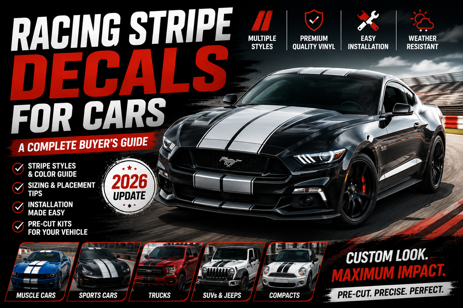 Racing Stripe Decals for Cars: A Complete Buyer's Guide for 2026 — featuring muscle car, sports sedan, truck, and SUV stripe styles