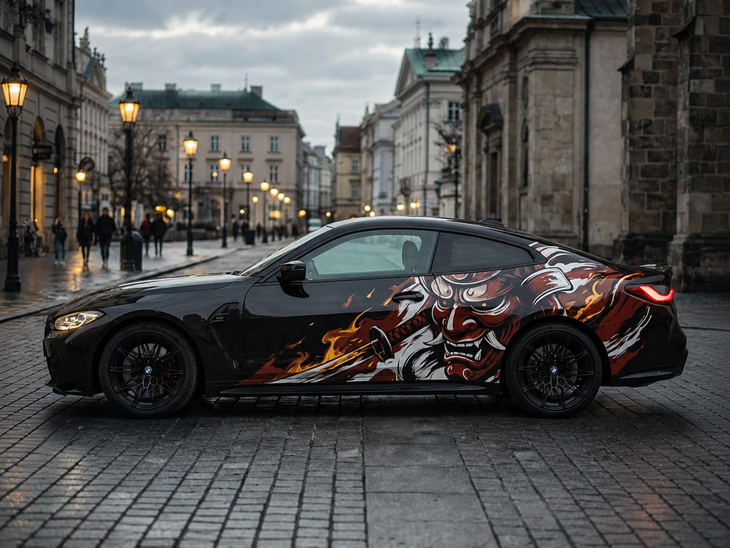 Black BMW coupe with full-panel Oni demon vinyl wrap featuring red and gold flame artwork