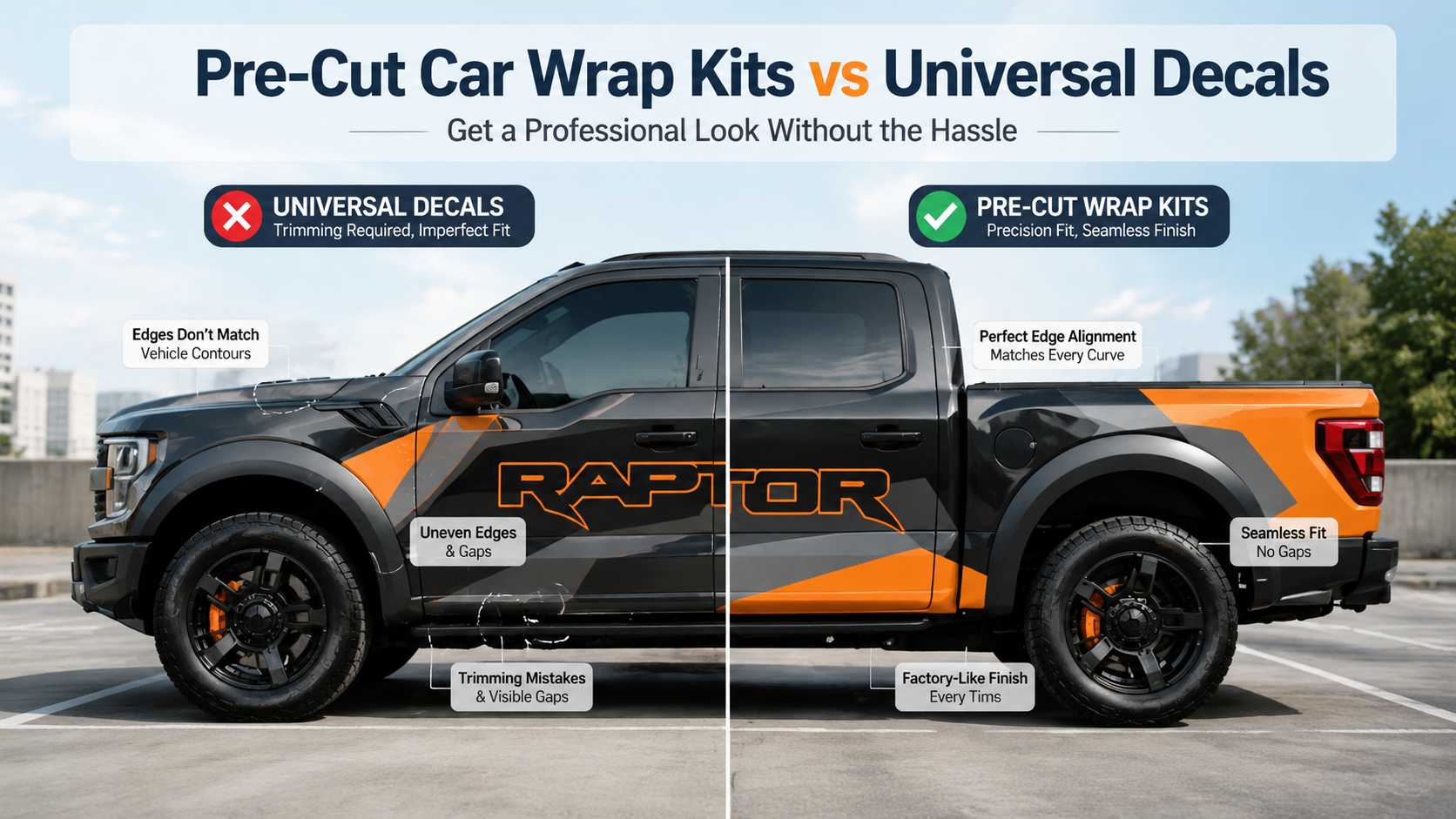 Pre-Cut Car Wrap Kits vs Universal Decals – side-by-side truck comparison showing professional wrap kit finish versus universal decal application