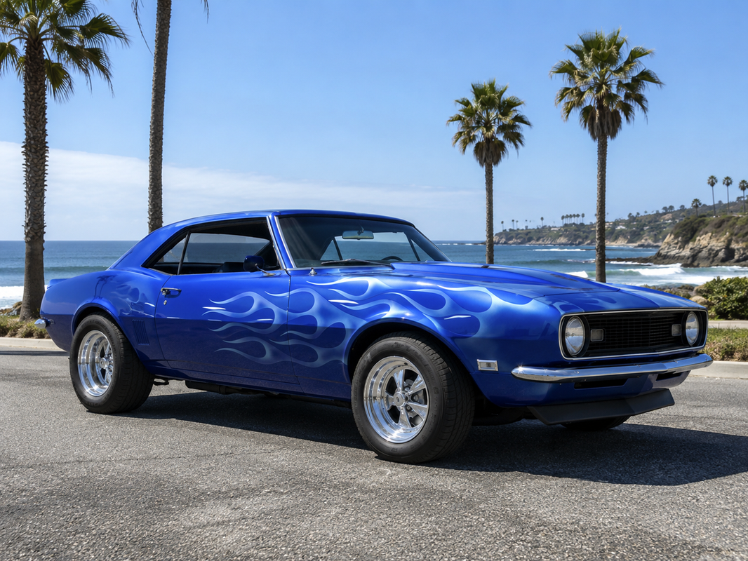 Classic blue muscle car with custom white flame vinyl wrap parked by the ocean