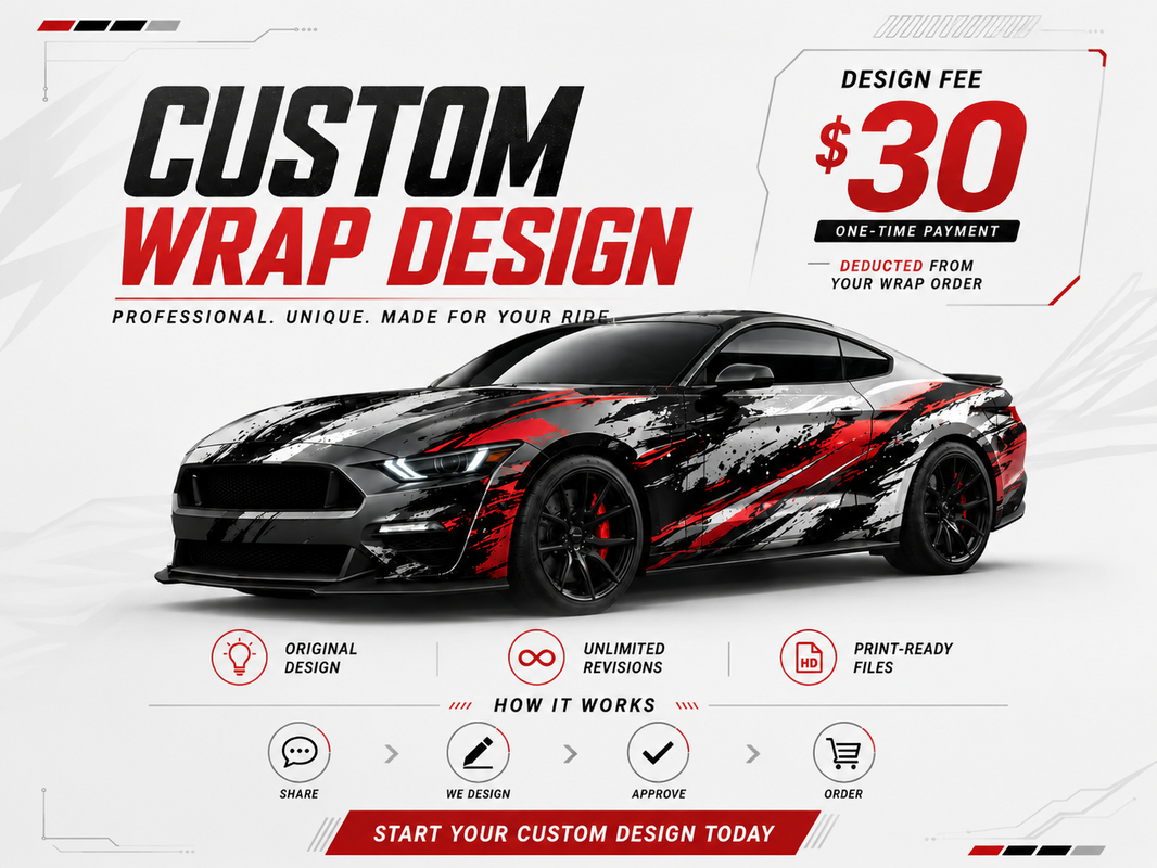 Custom wrap design service for $30 featuring a black and red aggressive wrap on a Ford Mustang
