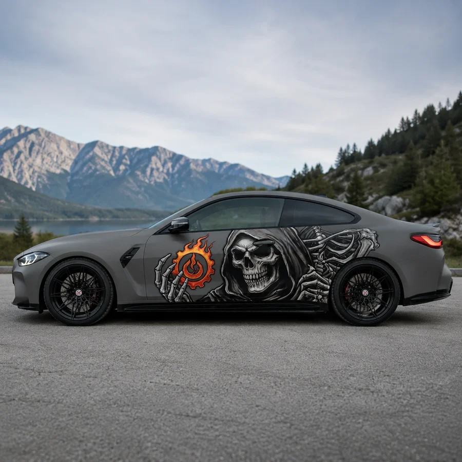 Custom Grim Reaper full side car wrap decal on matte gray BMW with flaming power symbol