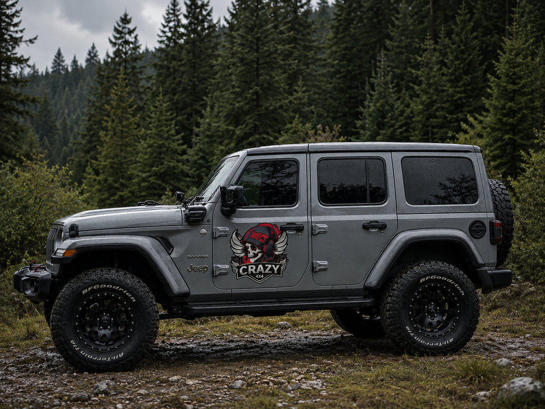 Finished custom Crazy 4x4 skull and wings vinyl sticker applied to the door of a gray Jeep Wrangler Sahara on a forest trail