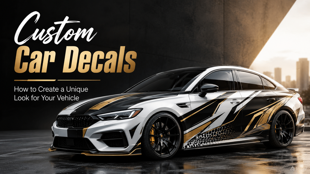Custom car decals with bold gold and black racing graphics on a sport sedan