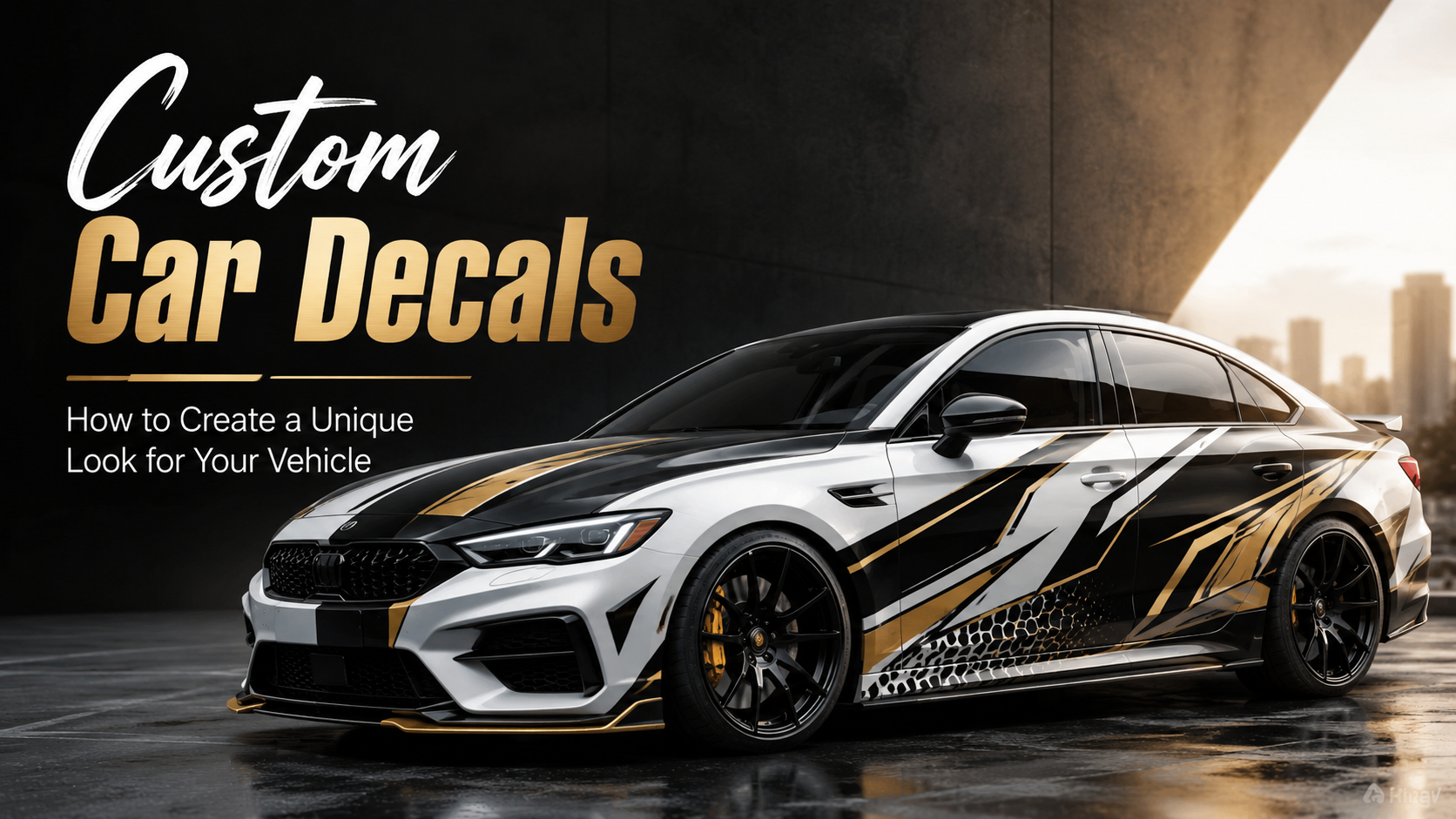 Custom car decals with bold gold and black racing graphics on a sport sedan