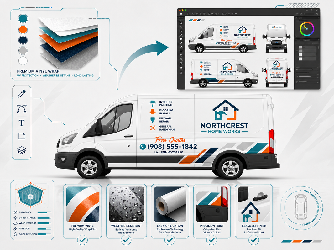 Custom business vehicle wrap design for Northcrest Home Works service van with logo, services list, and contact information
