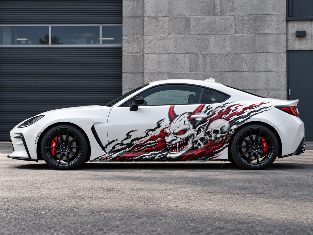 White sports car with bold demon and skull car decal design in red, black, and white