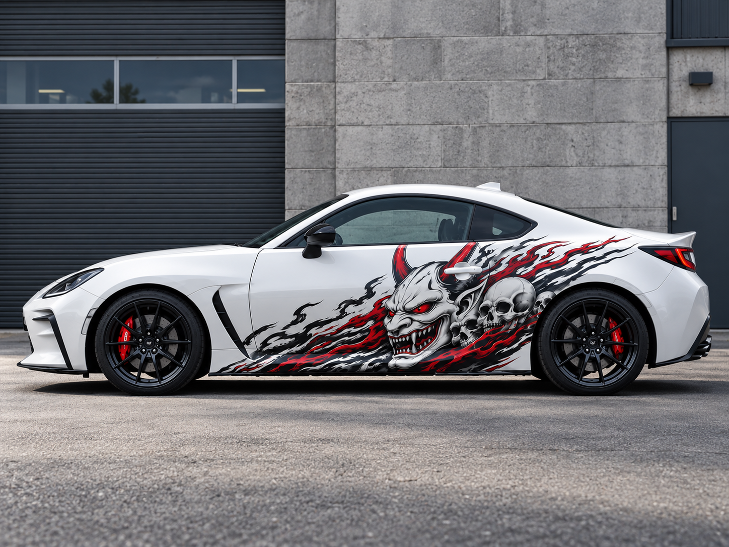 White sports car with bold demon and skull car decal design in red, black, and white
