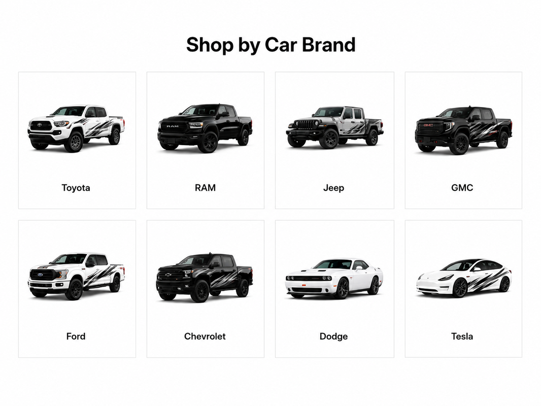 Shop car decals by brand grid showing Toyota, RAM, Jeep, GMC, Ford, Chevrolet, Dodge, and Tesla vehicles with racing stripe vinyl wraps