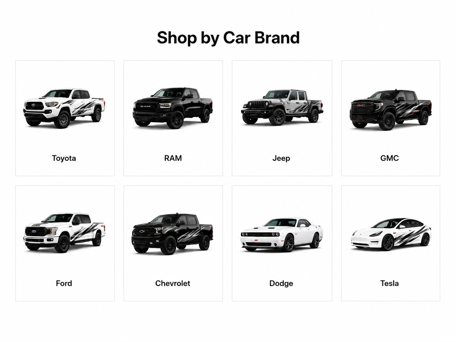 Shop car decals by brand grid showing Toyota, RAM, Jeep, GMC, Ford, Chevrolet, Dodge, and Tesla vehicles with racing stripe vinyl wraps