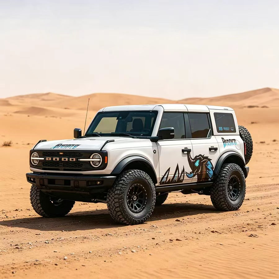 White SUV with Blue Elephant Bold Side Graphic Vinyl Wrap in Desert – Off-Road Decal Kit