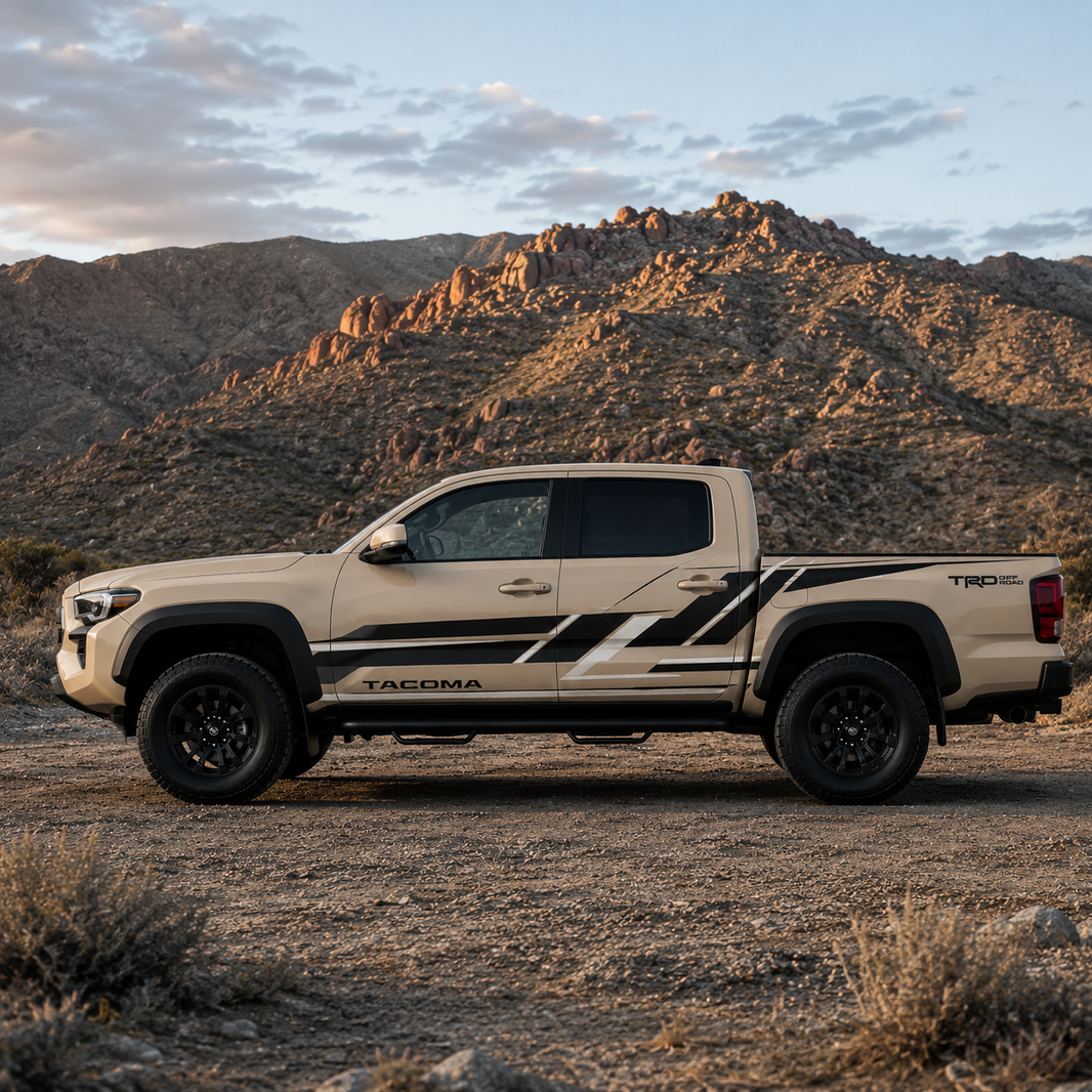 TRD geometric vinyl decal on white Toyota Tacoma truck side panel