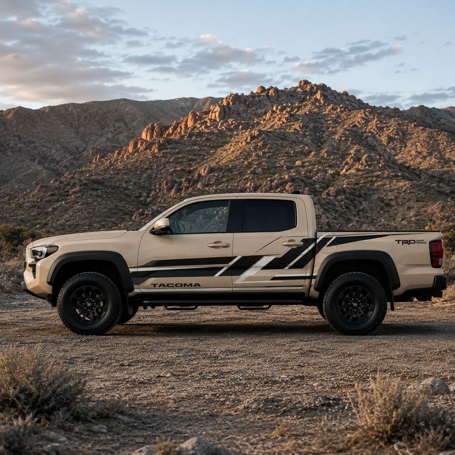 TRD geometric vinyl decal on white Toyota Tacoma truck side panel