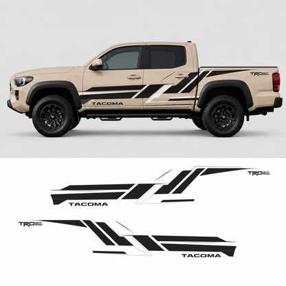 TRD style geometric truck decal kit layout showing all vinyl pieces for Toyota Tacoma