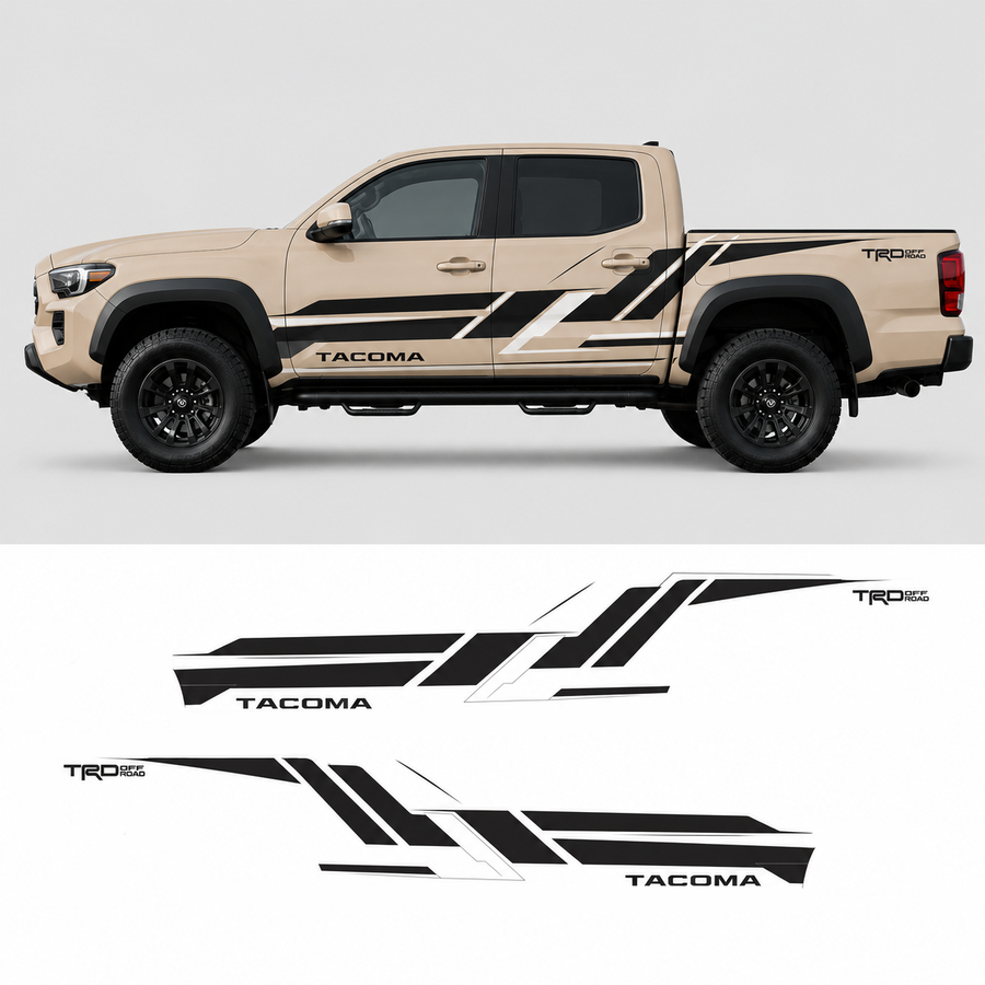 TRD style geometric truck decal kit layout showing all vinyl pieces for Toyota Tacoma