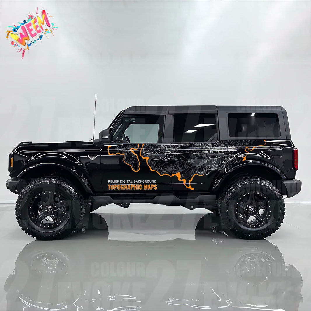 Relief Terrain SUV Decal | Topographic Map Block Off-Road Side Vinyl Wrap for Jeep Bronco