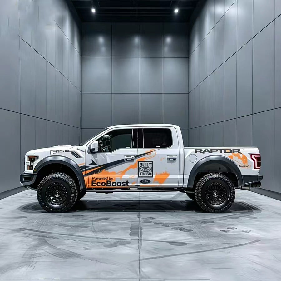Orange Black Performance Vinyl Wrap Applied on Pickup Truck – Splash Graphic Decal Side View