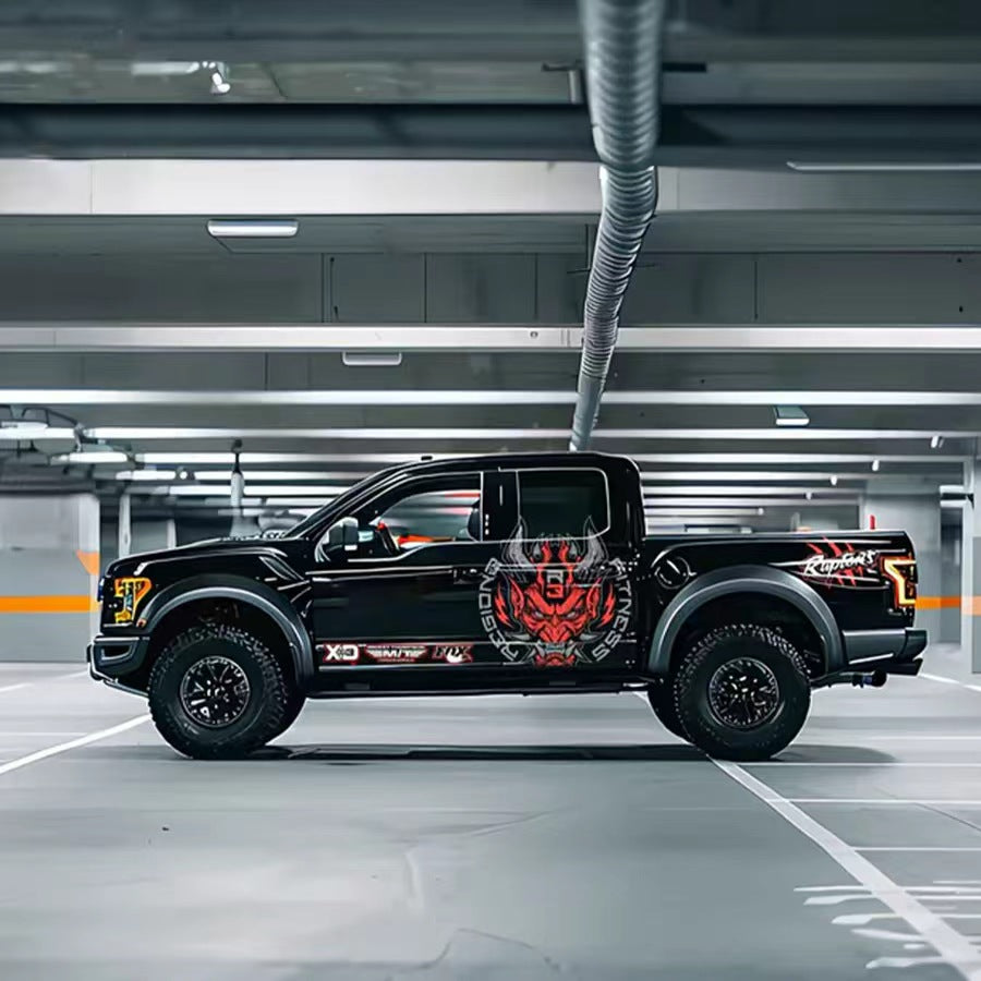 Samurai Demon Mask Vinyl Wrap Applied on Ford Raptor – Aggressive Truck Decal Side View