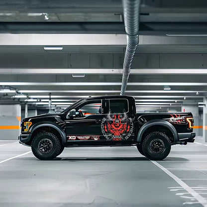 Samurai Demon Mask Vinyl Wrap Applied on Ford Raptor – Aggressive Truck Decal Side View