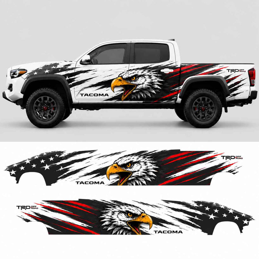 Patriotic eagle truck decal kit layout showing all vinyl pieces for Toyota Tacoma