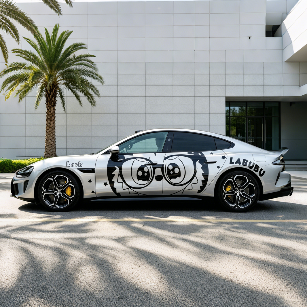 Labubu Style Cartoon Car Decal for Sport Sedan | Cute Anime Vinyl Wrap