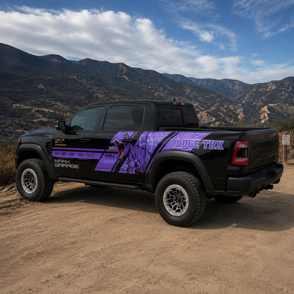 Purple T-Rex Truck Decal | Aggressive Dinosaur Side Vinyl Wrap for Dodge RAM & Off-Road Pickups