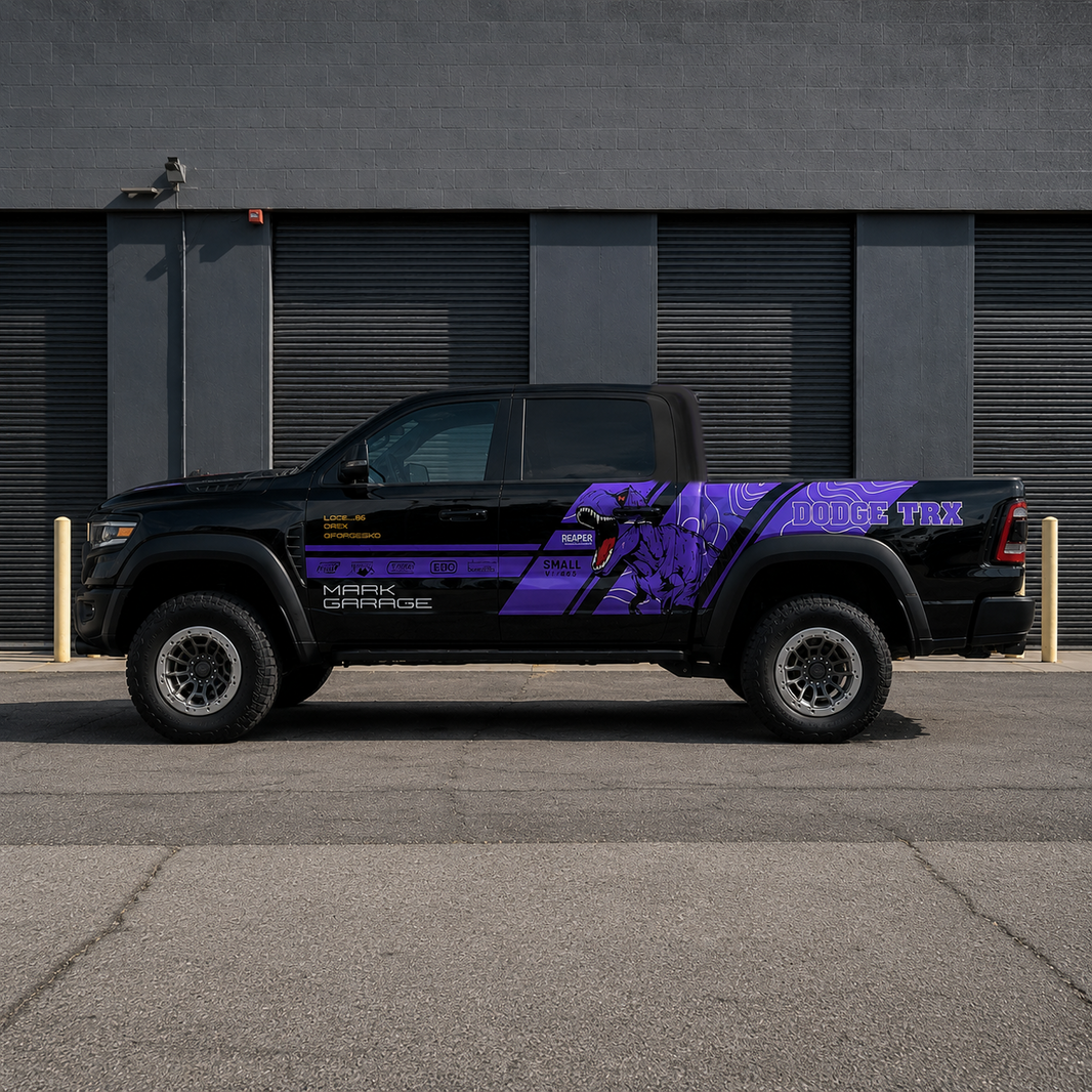 Purple T-Rex Truck Decal | Aggressive Dinosaur Side Vinyl Wrap for Dodge RAM & Off-Road Pickups