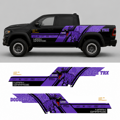 Purple T-Rex Truck Decal | Aggressive Dinosaur Side Vinyl Wrap for Dodge RAM & Off-Road Pickups