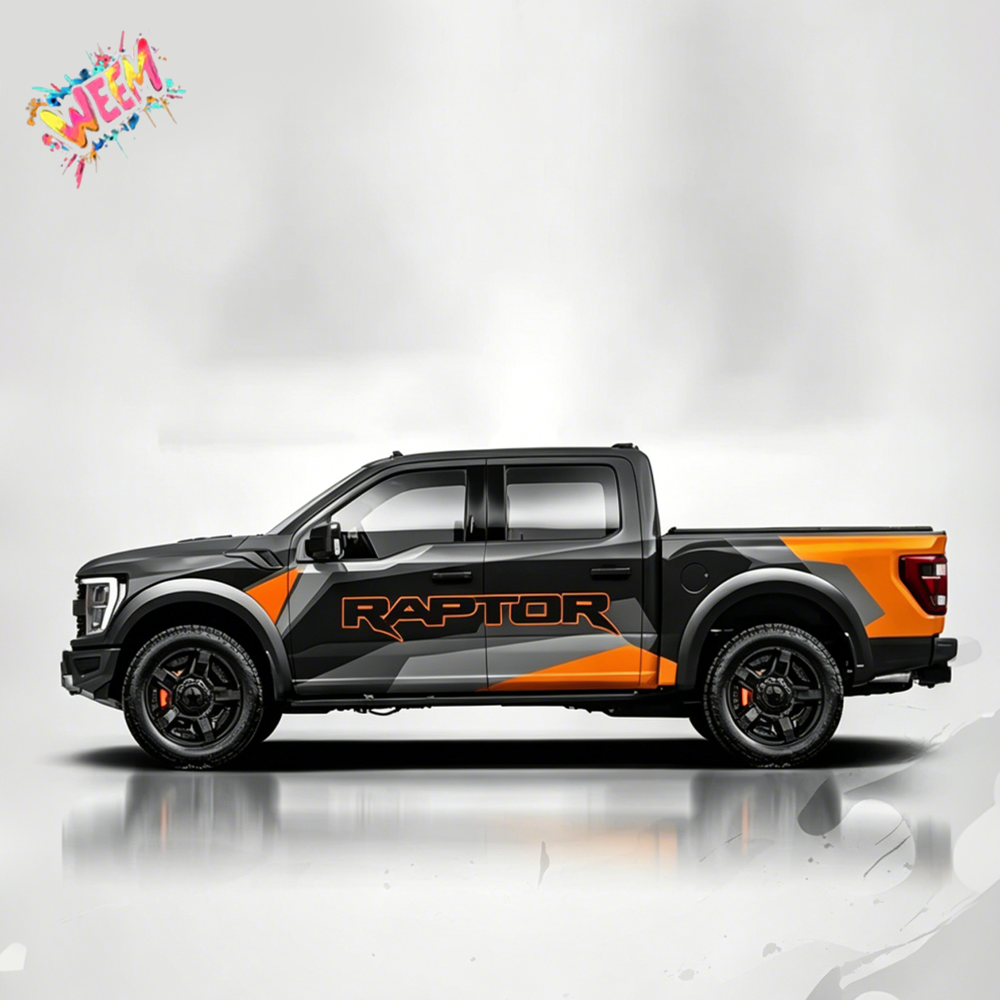 Performance Style Pickup Truck Side Decal | Orange Black Sport Vinyl Wrap