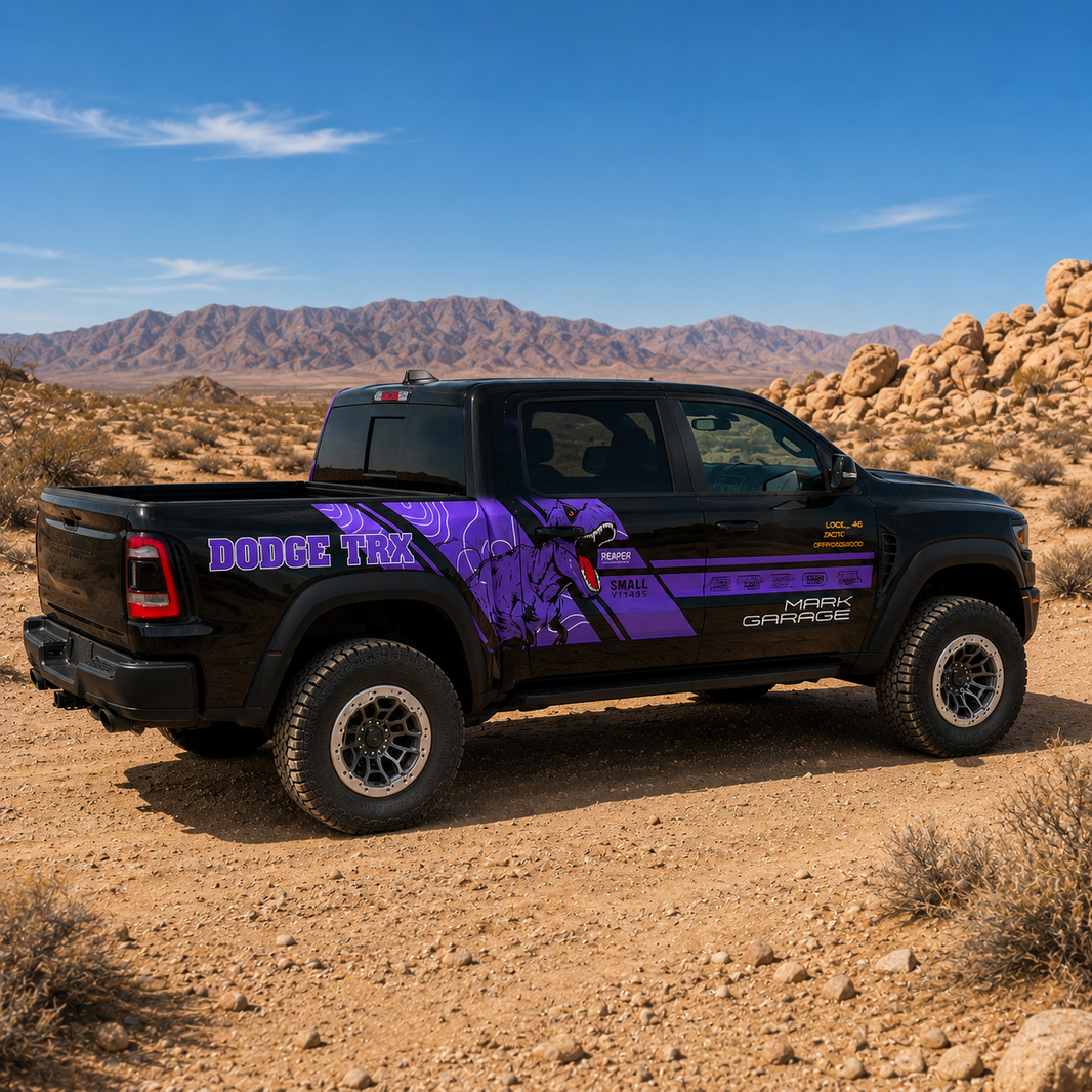 Purple T-Rex Truck Decal | Aggressive Dinosaur Side Vinyl Wrap for Dodge RAM & Off-Road Pickups