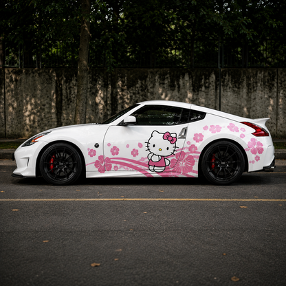 Cherry Blossom Kitty Car Decal | Cute Pink Floral Side Vinyl Wrap for Sport Coupes