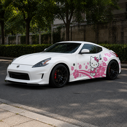 Cherry Blossom Kitty Car Decal | Cute Pink Floral Side Vinyl Wrap for Sport Coupes