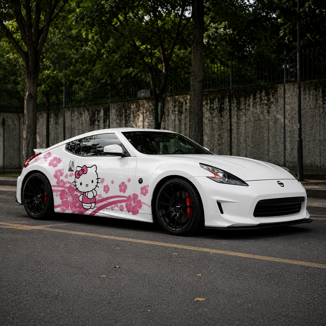 Cherry Blossom Kitty Car Decal | Cute Pink Floral Side Vinyl Wrap for Sport Coupes