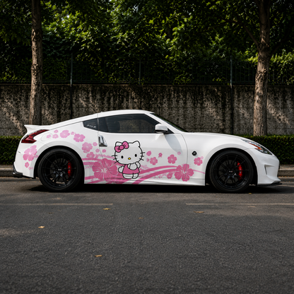 Cherry Blossom Kitty Car Decal | Cute Pink Floral Side Vinyl Wrap for Sport Coupes