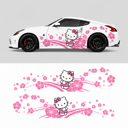 Cherry Blossom Kitty Car Decal | Cute Pink Floral Side Vinyl Wrap for Sport Coupes
