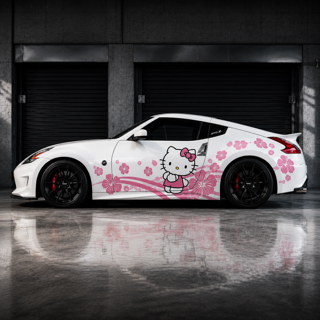 Cherry Blossom Kitty Car Decal | Cute Pink Floral Side Vinyl Wrap for Sport Coupes