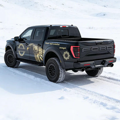 Gold Emblem Eagle Wing Vinyl Wrap Applied on Ford Raptor – Solar Truck Decal Side View
