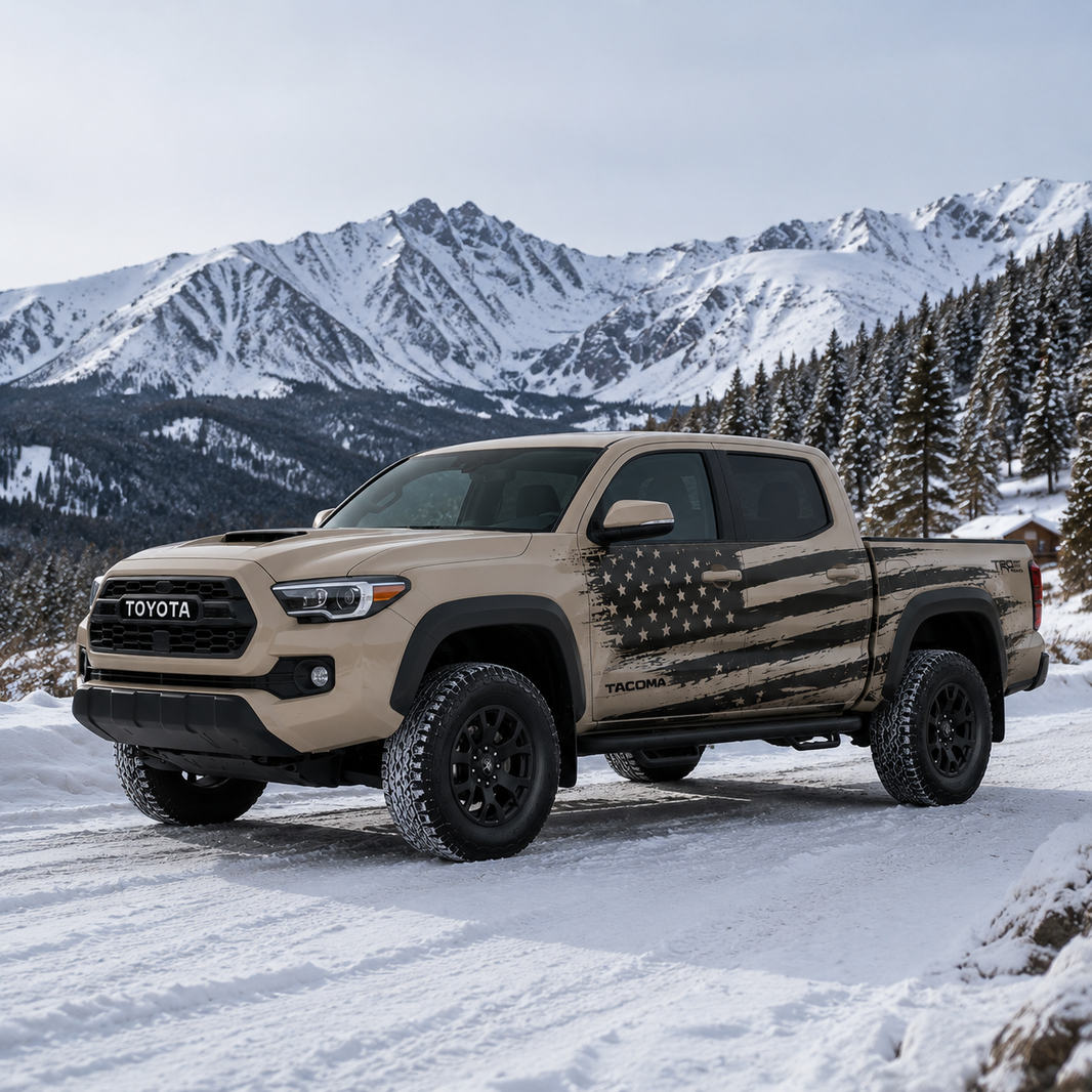 Toyota Tacoma with patriotic American flag truck decal in tan and black vinyl