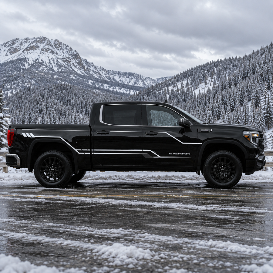 Black Toyota Tacoma featuring modern line stripe decal in winter landscape