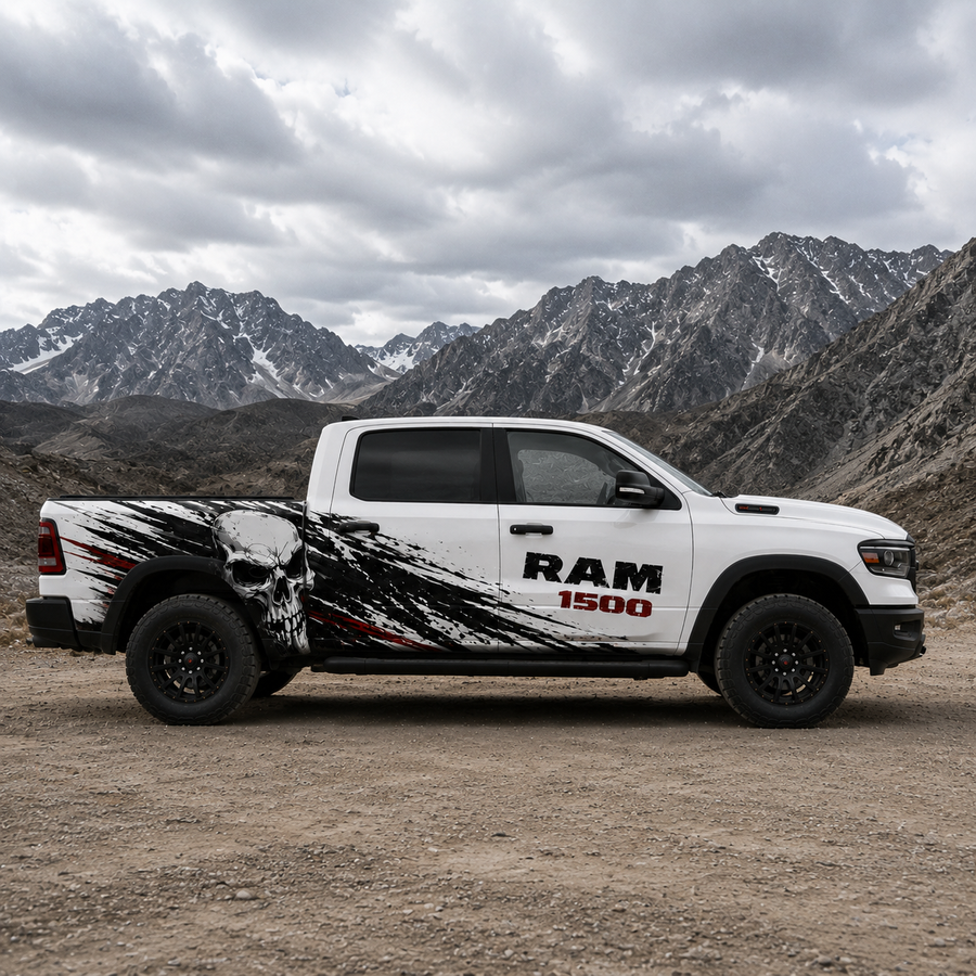Death Skull vinyl side decal for RAM 1500 – side profile view