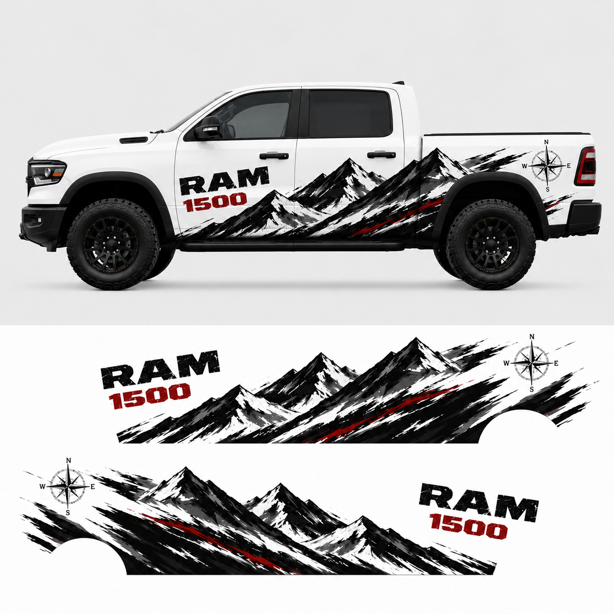 Mountain compass side graphics design preview for RAM 1500 – Summit adventure decal kit